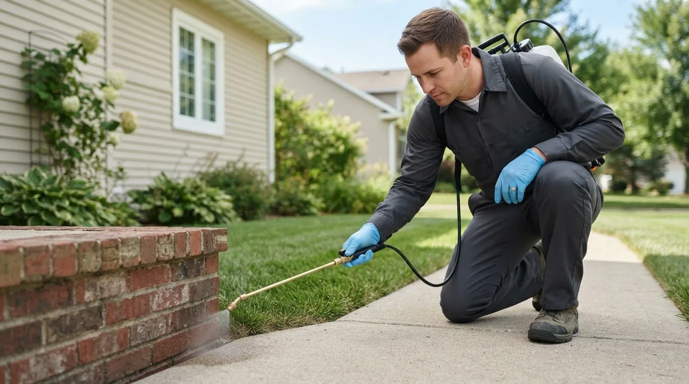 Pest control technician treating a home near Girard, OH